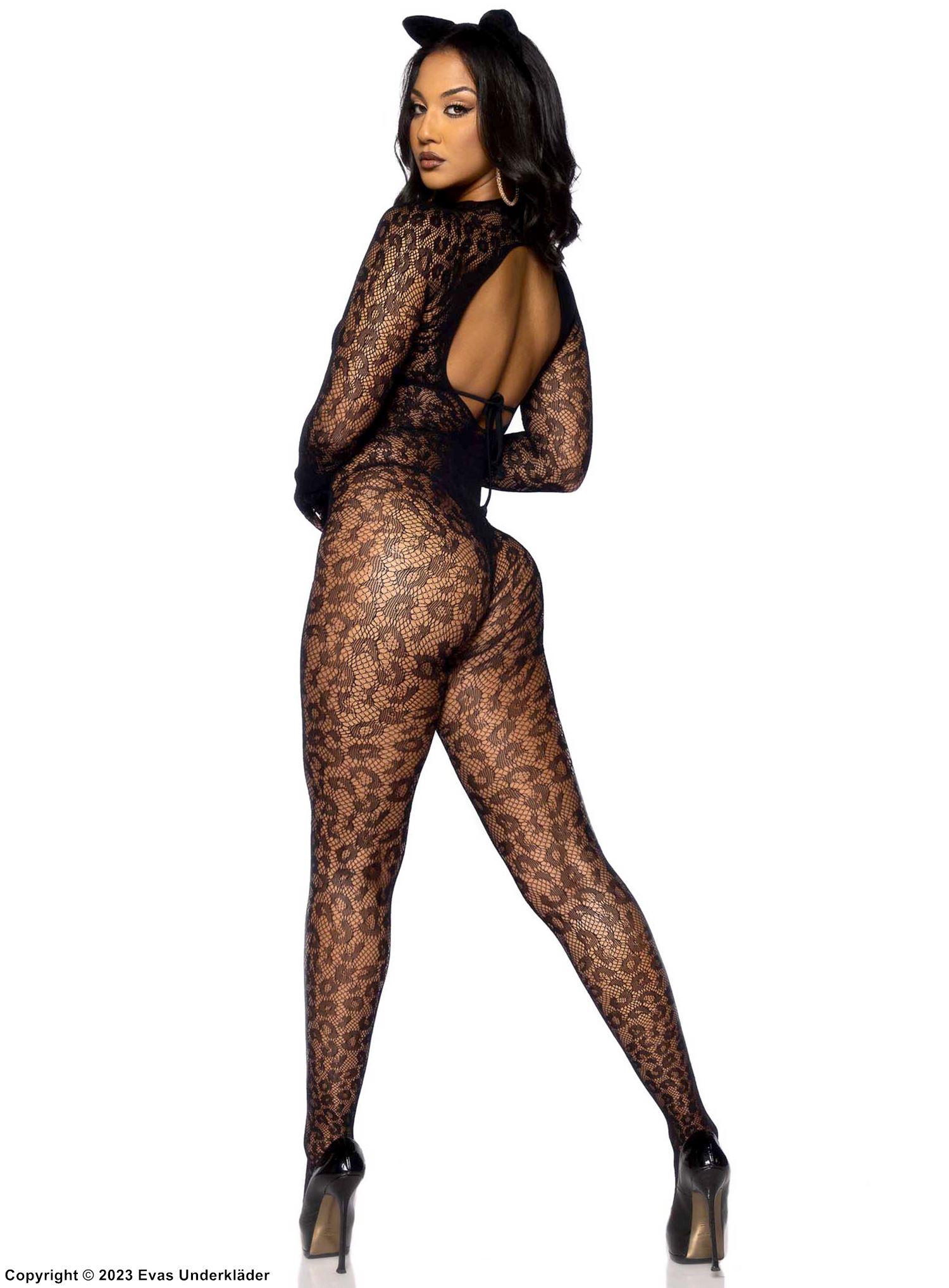 Sexy Bodystocking, Netz, ohne Nähte, lange Ärmel, Leopard